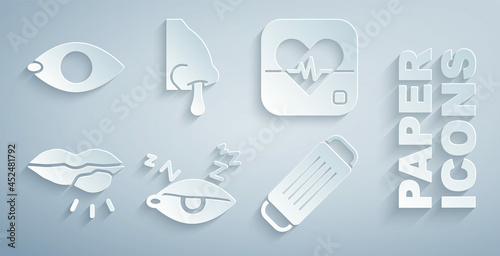 Set Insomnia, Heart rate, Herpes lip, Medical protective mask, Runny nose and Blindness icon. Vector