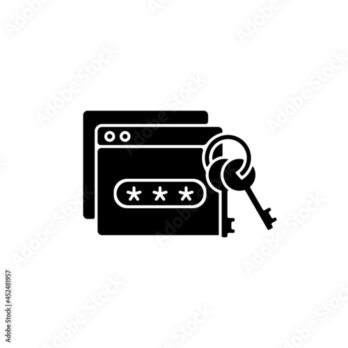 Password management black glyph icon. Preventing unauthorized access. Generating, storing passwords. Encrypted digital database. Silhouette symbol on white space. Vector isolated illustration