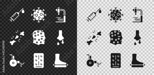 Set Syringe, Virus, Microscope, Wheelchair, Pills blister pack, Flat foot, Human broken bone and Psoriasis or eczema rash icon. Vector