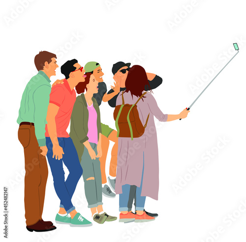 Selfie teenagers tourists taking picture on vacation vector illustration isolated on white background. Taking selfie with mobile phone. Friends couple traveler fun. Happy students crew on destination.