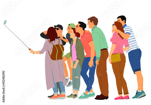 Selfie teenagers tourists taking picture on vacation vector illustration isolated on white background. Taking selfie with mobile phone. Friends couple traveler fun. Happy students crew on destination.