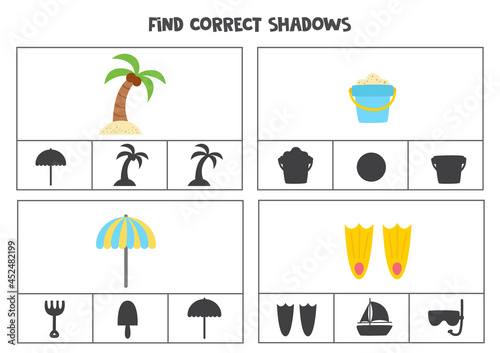 Find correct shadow of summer elements. Printable clip card games for children.