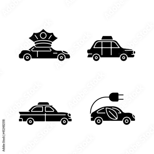 Taxi booking black glyph icons set on white space. Chauffeur hire. Hackney carriage. Vintage looking vehicle. Driving car on electric power. Silhouette symbols. Vector isolated illustration