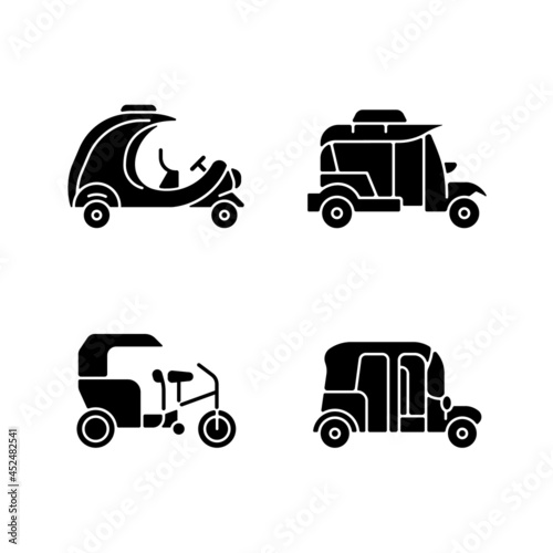 Transporting passengers business black glyph icons set on white space. Coco taxi. Bangkok tuk-tuk. Rickshaw-type vehicle. Three-wheeler taxi. Silhouette symbols. Vector isolated illustration