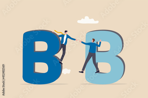 B2B business to business commerce, enterprise deal between corporate, supply chain or company buy, sell purchasing with credit concept, businessman sales company owner shaking hand on alphabets B.