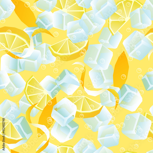 Vector seamless pattern with lemons, zest, bubbles and ice cubes. Yellow summer background with citrus cool lemonade. 