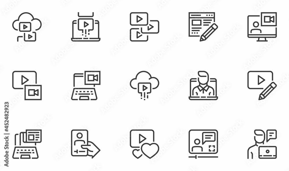 Set of Vector Line Icons Related to Blogging. Video Blogger, Blog, Social Media. Editable Stroke. 48x48 Pixel Perfect.