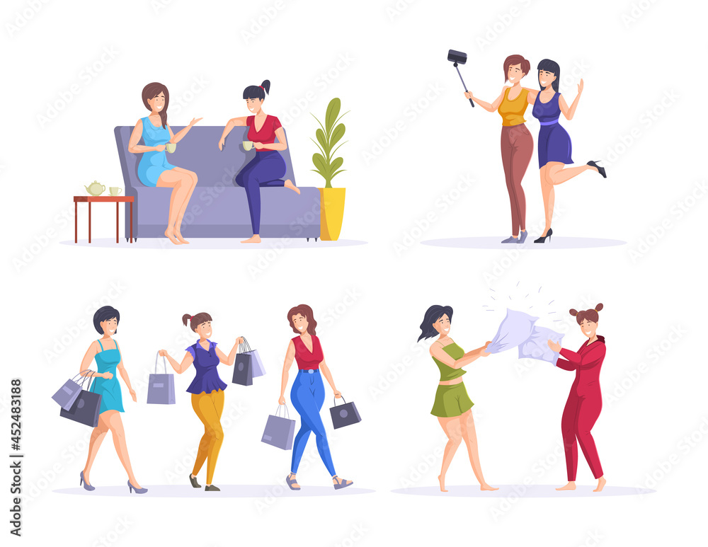 Set of female friends spending time together. Happy people having friendly meeting vector flat