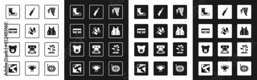 Set Bandana or biker scarf, Cartridges, Hunting cartridge belt, Hunter boots, jacket, gun, African tree and Bear head icon. Vector