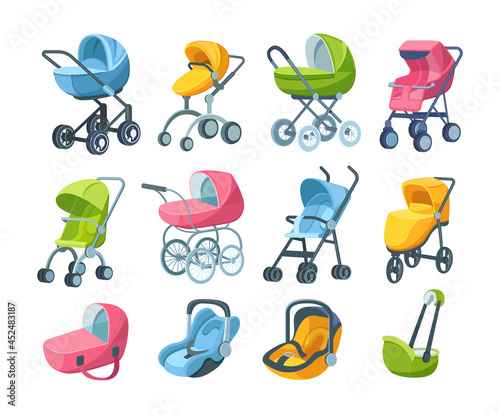Set of childish automobile armchair for child, infant, newborn baby, folding stroller, buggy, baby carriage, child wagon, infant transport.