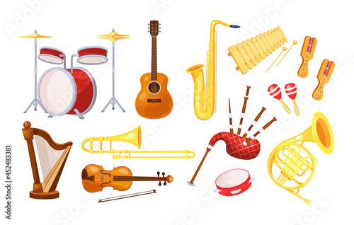 Musical metal wood acoustic instruments set: violin, tambourine, harp, trombone, bagpipe, saxophone, accordion, guitar, drum, tambourine, bagpipes, maracas, rumba