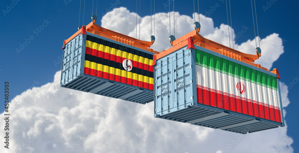 Freight containers with Iran and Uganda national flags. 3D Rendering 