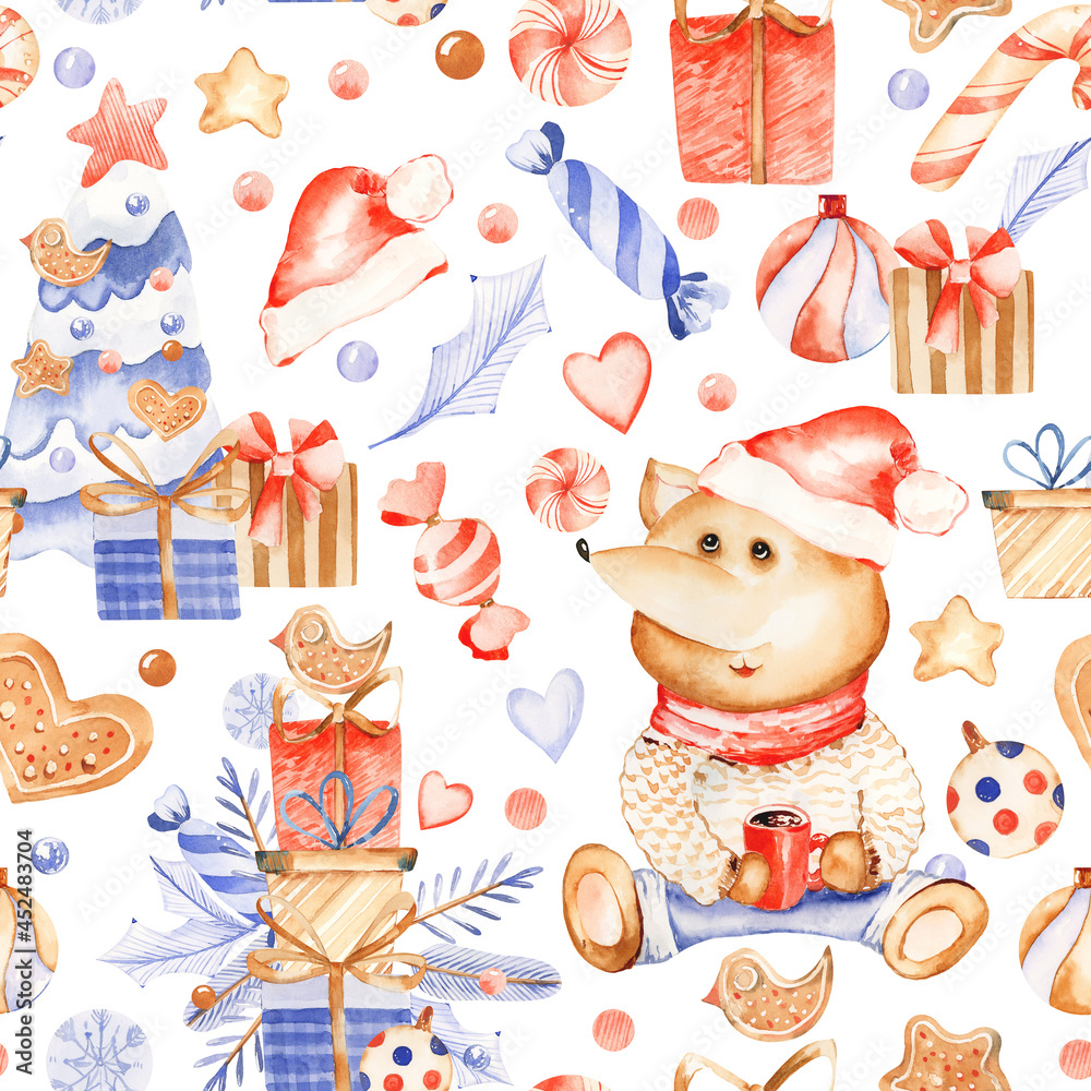 seasons greetings, fox repeat, watercolor fox, fox pattern, cute fox, my first christmas, christmas trees, christmas tree, gift box, year, cute, decor, toy, fabric, colorful, wrapping paper, hand draw