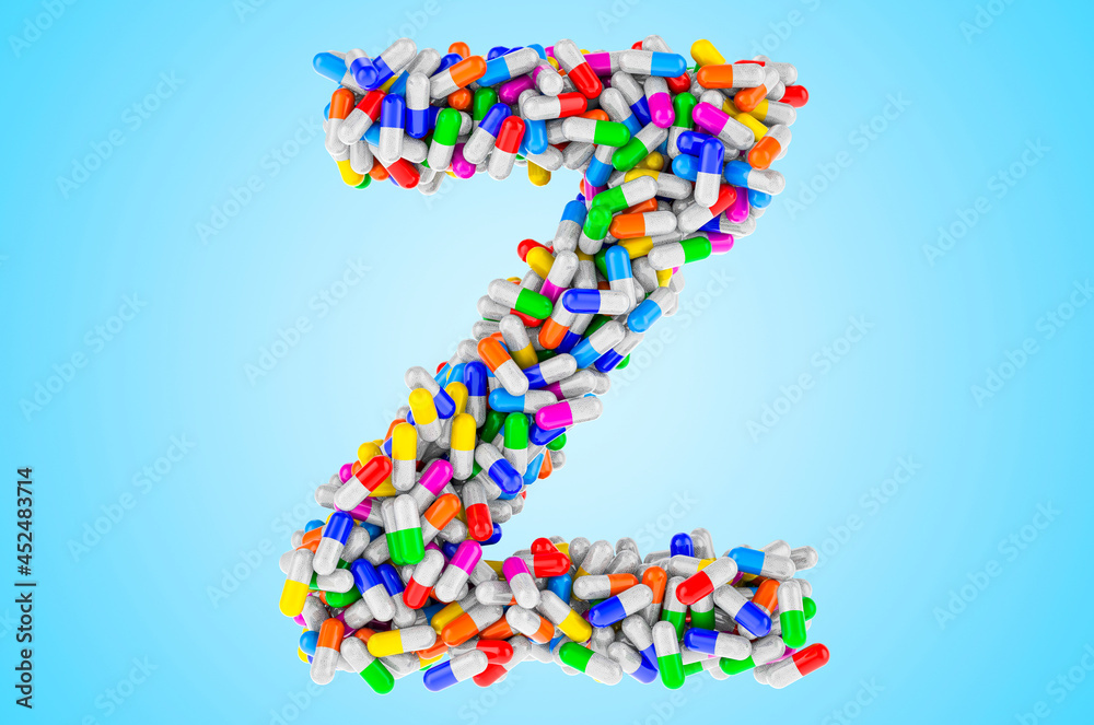 Letter Z from medicine capsules, pills. 3D rendering Letter Z from medicine capsules, pills. 3D rendering