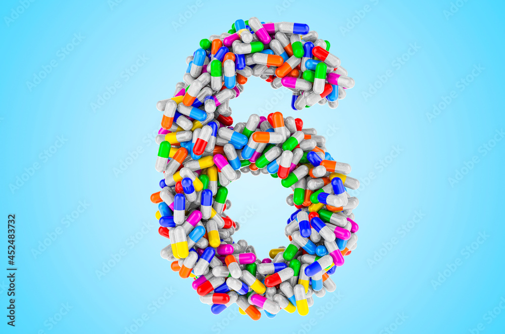 Number 6 from medicine capsules, pills. 3D rendering Number 6 from medicine capsules, pills. 3D rendering