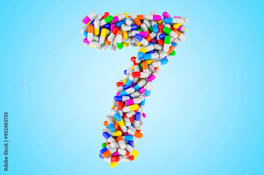 Number 7 from medicine capsules, pills. 3D rendering