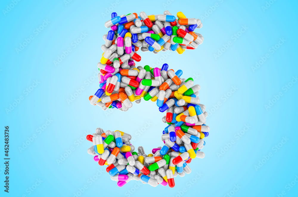 Number 5 from medicine capsules, pills. 3D rendering Number 5 from medicine capsules, pills. 3D rendering