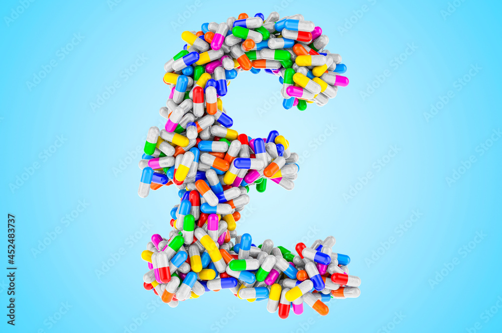 Pound sterling symbol from medicine capsules, pills. 3D rendering