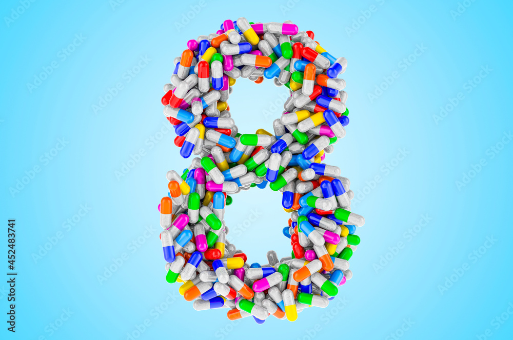 Number 8 from medicine capsules, pills. 3D rendering