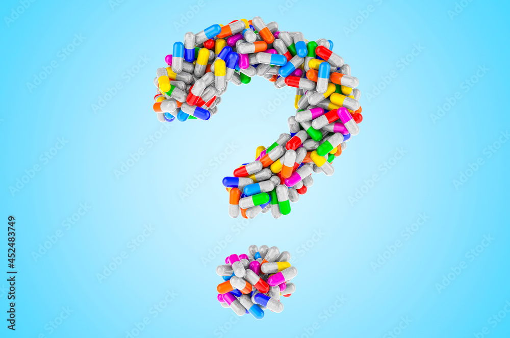 Question mark from medical bottles with drugs. 3D rendering