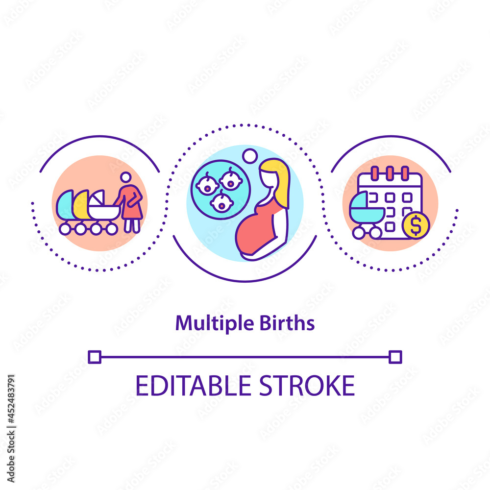 Multiple births concept icon. Twins, triplets delivery abstract idea thin line illustration. Few offsprings from one pregnancy Vector isolated outline color drawing. Editable stroke