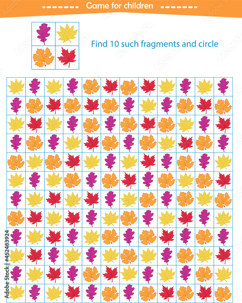  A game for children. Find the fragments of the autumn leaves shown in the sample. Development of attention, thinking