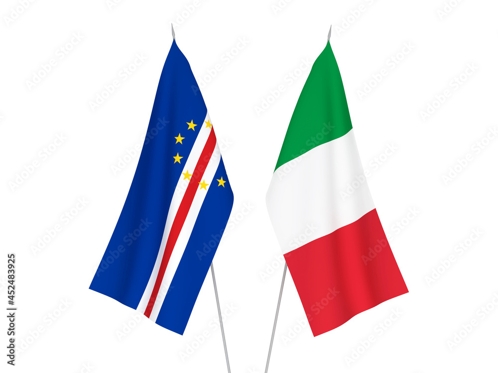 National fabric flags of Italy and Republic of Cabo Verde isolated on white background. 3d rendering illustration.