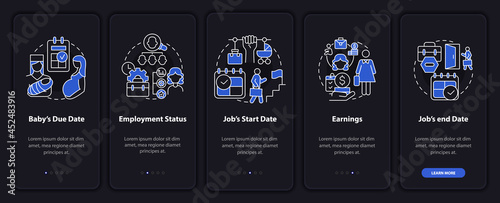 Calculating maternity pay dark onboarding mobileapp page screen. Walkthrough 5 steps graphic instructions with concepts. UI, UX, GUI vector template with linear night and day mode illustrations