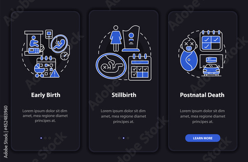 Maternity leave cases dark onboarding mobileapp page screen. Walkthrough 3 steps graphic instructions with concepts. UI, UX, GUI vector template with linear night and day mode illustrations