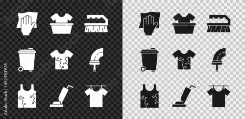 Set Cleaning service, Basin with shirt, Brush for cleaning, Dirty t-shirt, Vacuum cleaner, Drying clothes, Trash can and icon. Vector