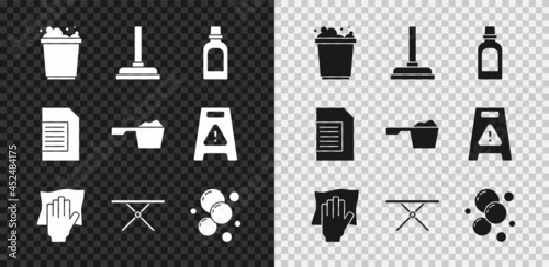 Set Bucket with foam, Rubber plunger, Bottle for cleaning agent, Cleaning service, Ironing board, Soap water bubbles, Laundry detergent and Washing powder icon. Vector