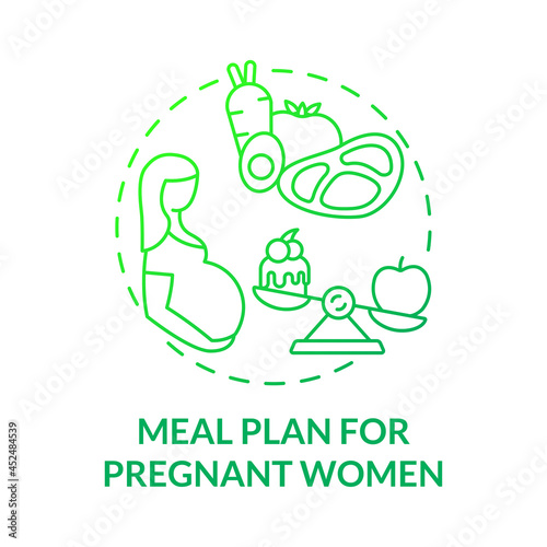 Meal plan for pregnant women green gradient concept icon. Balanced menu during pregnancy abstract idea thin line illustration. Foods full of vitamins. Vector isolated outline color drawing