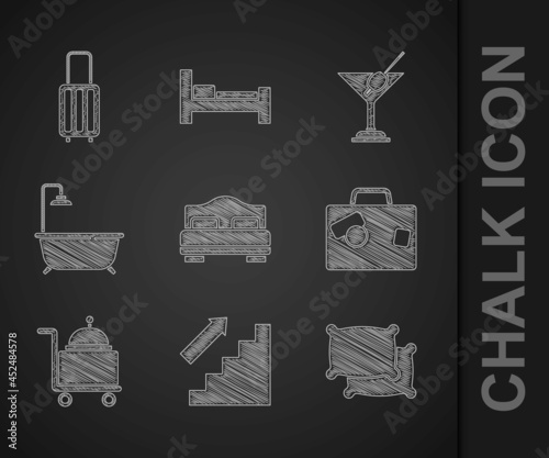 Set Hotel room bed, Stairs up, Pillow, Suitcase, Covered with tray, Bathtub shower, Martini glass and icon. Vector