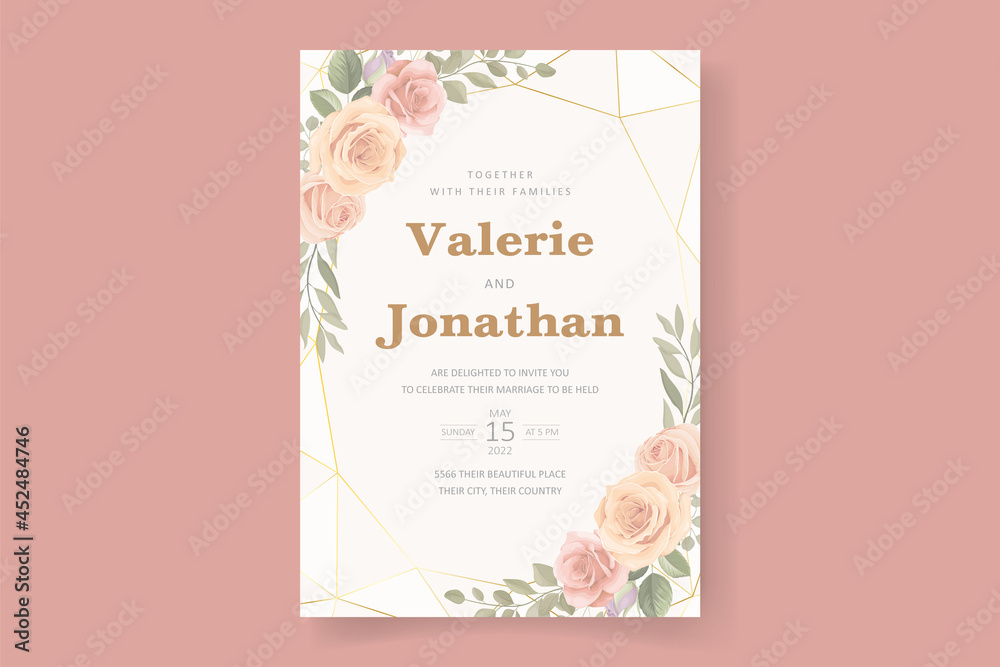 Wedding invitation template with beautiful flowers and leaves