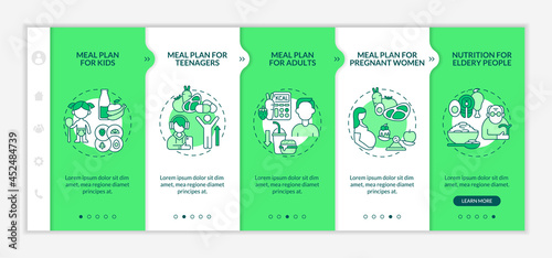Diet plan for different age groups onboarding vector template. Responsive mobile website with icons. Web page walkthrough 5 step screens. Meals for kids, adults color concept with linear illustrations