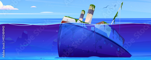 Wreck ship, sunken steamboat with pipes lying on ocean sandy bottom, broken vessel covered with green seaweeds stick up above water surface. Navy scene, pc game background, Cartoon vector illustration