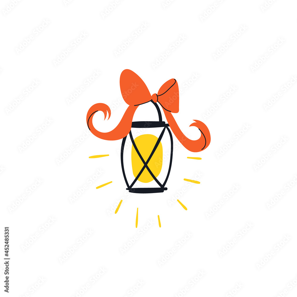 Cartoon lantern with a red bow on a white background. Glowing lantern with a festive bow. Vector stock illustration isolated