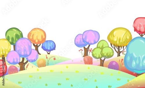 Candy background. Cartoon sweet land. Beads of jelly, ice cream and caramel. Chocolate. Cute childrens fairy landscape. Isolated fantastic illustration. Vector