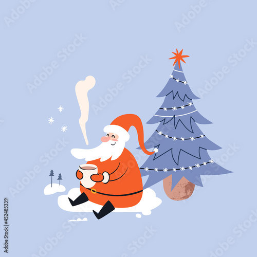 Cartoon Santa sits in front of the Christmas tree. Cheerful Santa warms up with hot tea. Christmas vector illustration isolated on blue background.