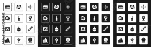 Set Snowflake, Champagne bottle, speech bubble, Calendar, Christmas sweater, Snowboard and Interior fireplace icon. Vector
