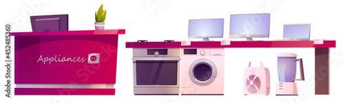 Store with home appliances on shelf and counter with cashbox. Vector cartoon set of household equipment, television, computer, washing machine, stove, blender and ventilator isolated on white