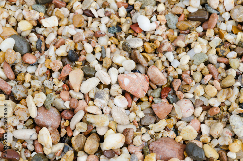 colorful wet sea pebbles on the seashore