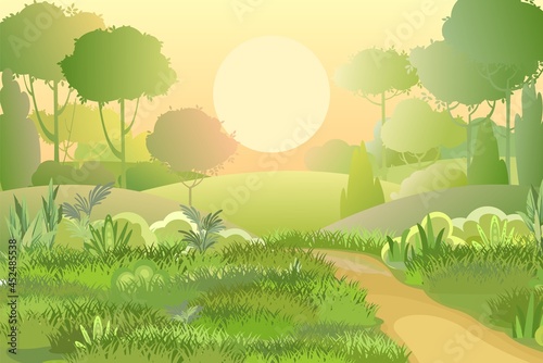 Road. Amusing beautiful forest landscape. Sunrise. Cartoon style. The path through the hills with grass. Trail. Cool romantic pretty. Flat design illustration. Vector art