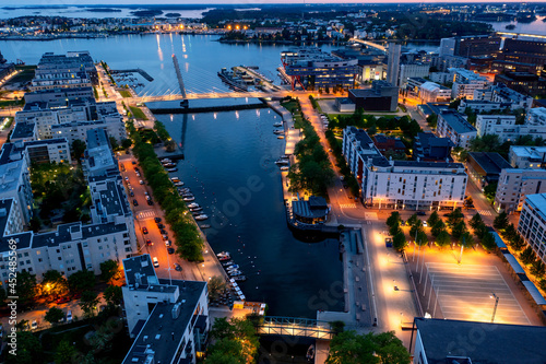 Aerial view of the Ruoholahti channel on a summer night, Helsinki, Finland.