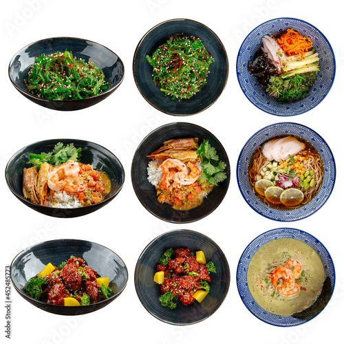 Isolated variety of asian japanese cuisine dishes collage set