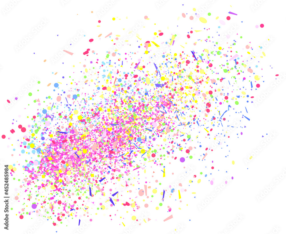 Bright explosion. Texture with colored geometric elements on white. Background with confetti. Pattern for design. Print for banners, posters, flyers and textiles. Greeting cards