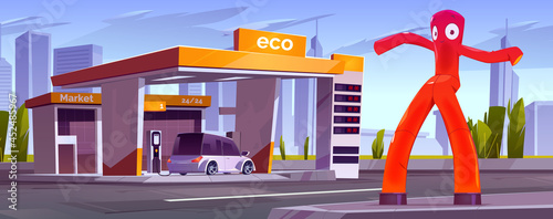 Charger station for electric cars with market and inflatable tube man. Vector cartoon cityscape with eco charge station on road, buildings on horizon and red air dancer