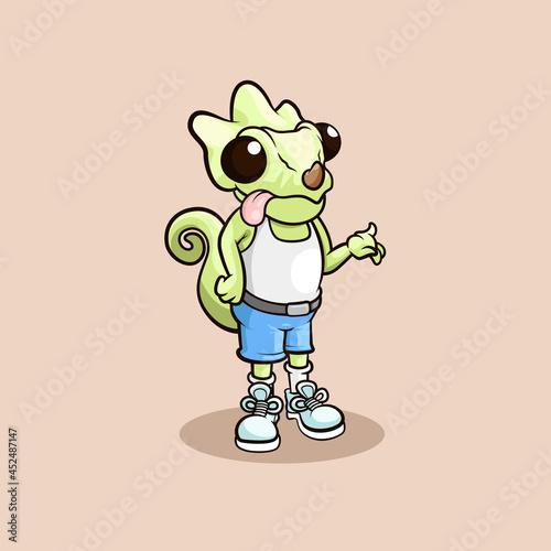 Cute green chameleon standing and wearing gray shoes isolated vector illustration