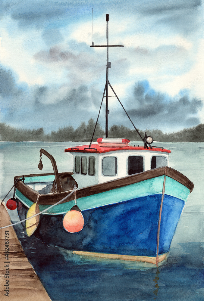 Watercolor illustration of a blue fishing ship with a red roof, antenna and fishing nets on its deck, standing near the pier