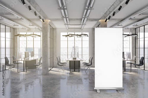 Modern concrete coworking office interior with empty mock up poster  window with city view  furniture and other objects. 3D Rendering.